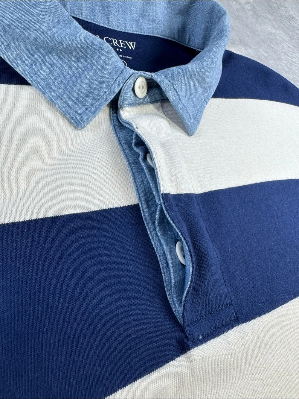 J.Crew Factory Mens L Rugby Shirt Navy Ivory Stripe Chambray Collar Preppy